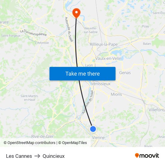 Les Cannes to Quincieux map
