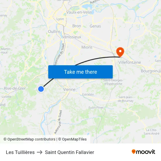 Les Tuillières to Saint Quentin Fallavier map