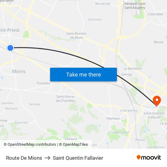 Route De Mions to Saint Quentin Fallavier map