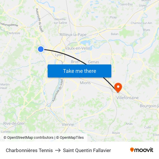 Charbonnières Tennis to Saint Quentin Fallavier map