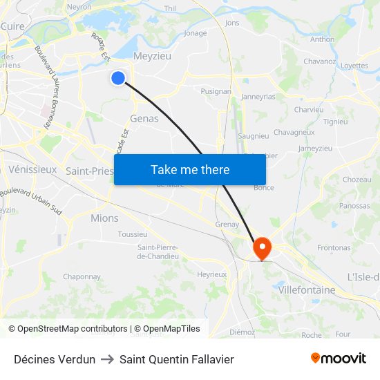 Décines Verdun to Saint Quentin Fallavier map