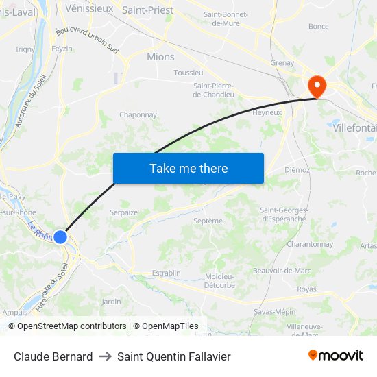 Claude Bernard to Saint Quentin Fallavier map