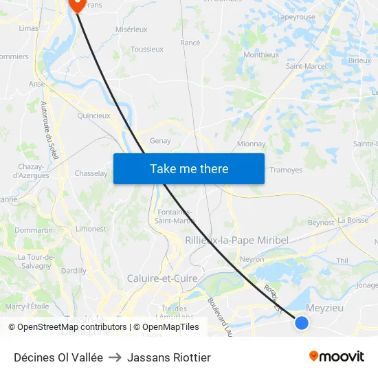 Décines Ol Vallée to Jassans Riottier map