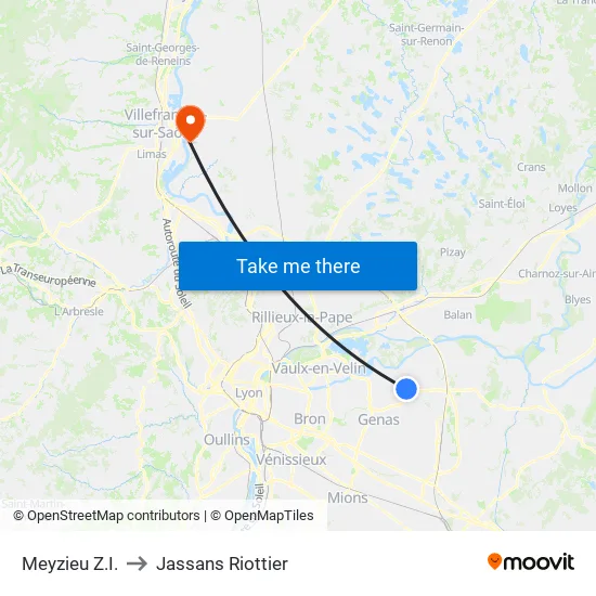Meyzieu Z.I. to Jassans Riottier map