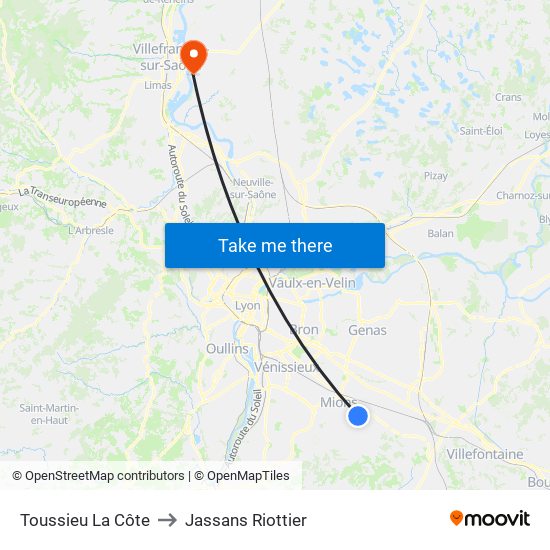 Toussieu La Côte to Jassans Riottier map