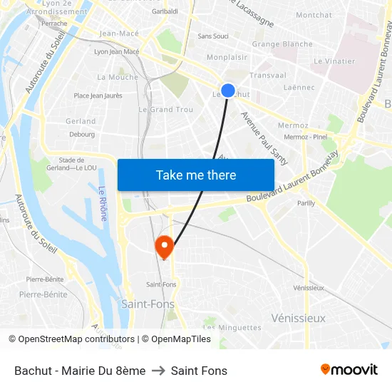 Bachut - Mairie Du 8ème to Saint Fons map