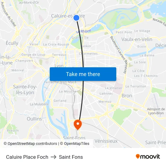 Caluire Place Foch to Saint Fons map