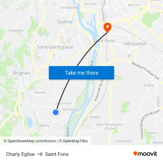Charly Eglise to Saint Fons map