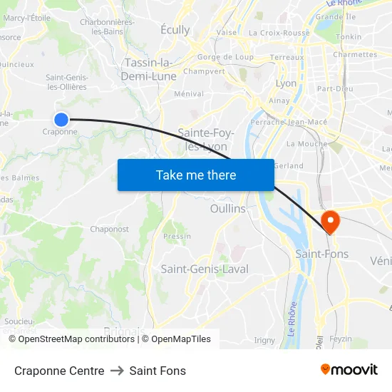 Craponne Centre to Saint Fons map