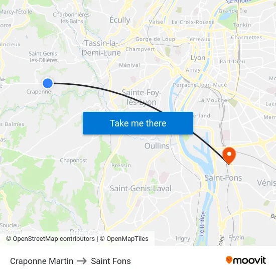 Craponne Martin to Saint Fons map