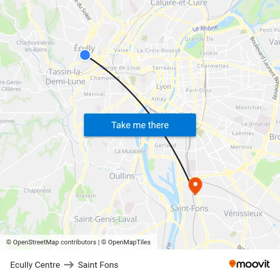 Ecully Centre to Saint Fons map