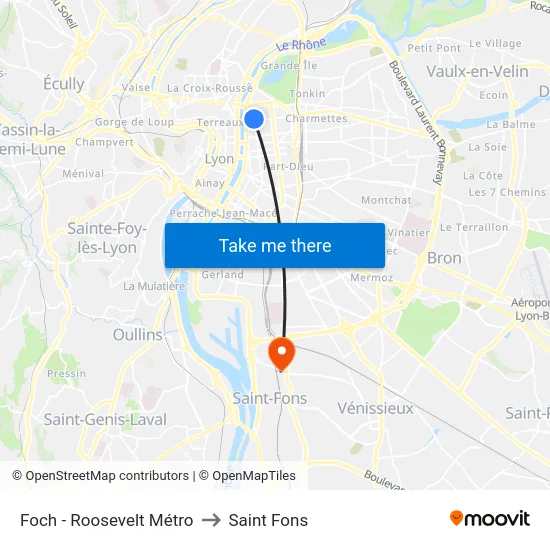 Foch - Roosevelt Métro to Saint Fons map