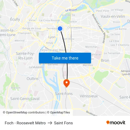 Foch - Roosevelt Métro to Saint Fons map