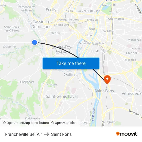 Francheville Bel Air to Saint Fons map