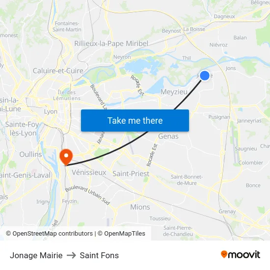 Jonage Mairie to Saint Fons map