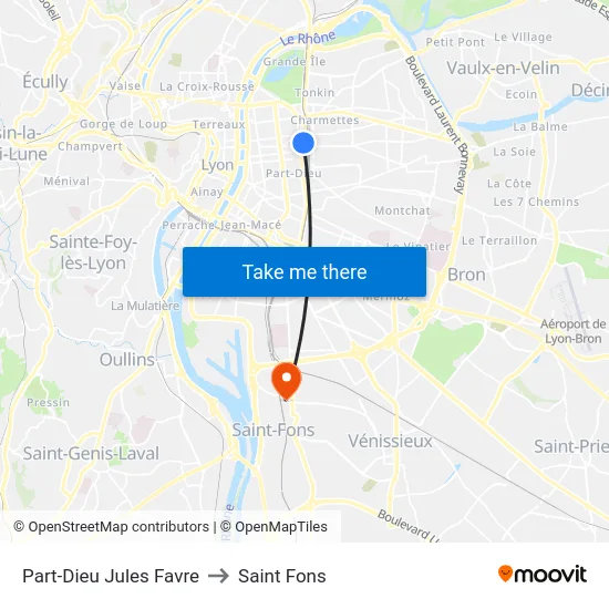 Part-Dieu Jules Favre to Saint Fons map