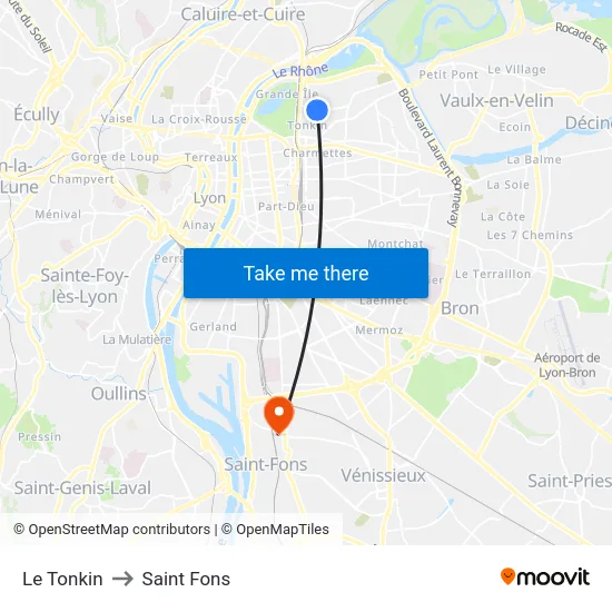 Le Tonkin to Saint Fons map