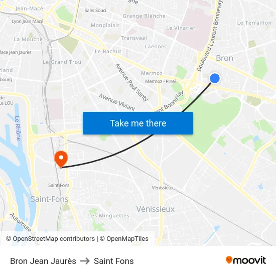 Bron Jean Jaurès to Saint Fons map