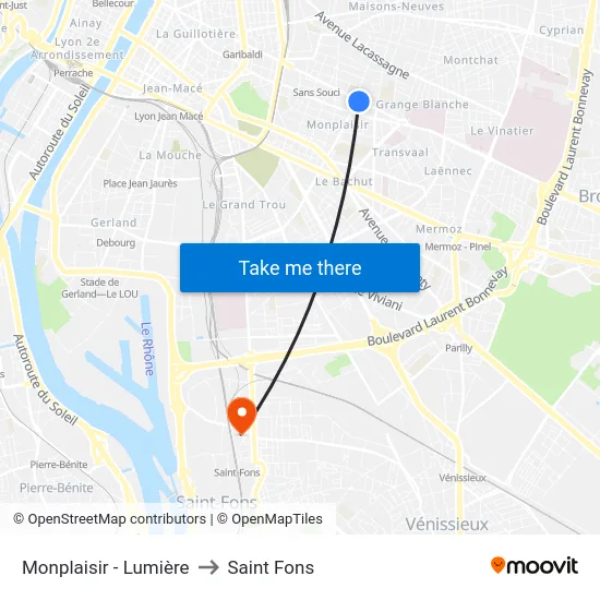 Monplaisir - Lumière to Saint Fons map