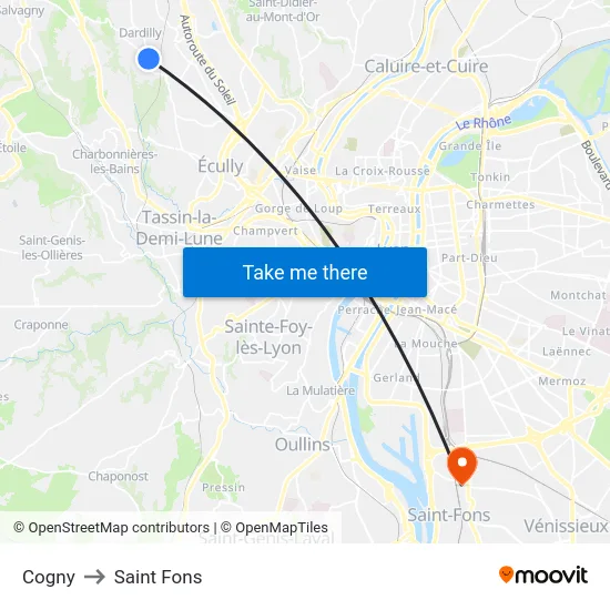 Cogny to Saint Fons map