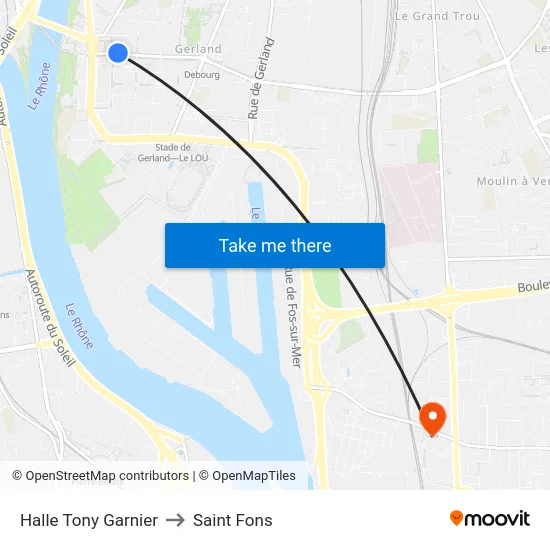 Halle Tony Garnier to Saint Fons map