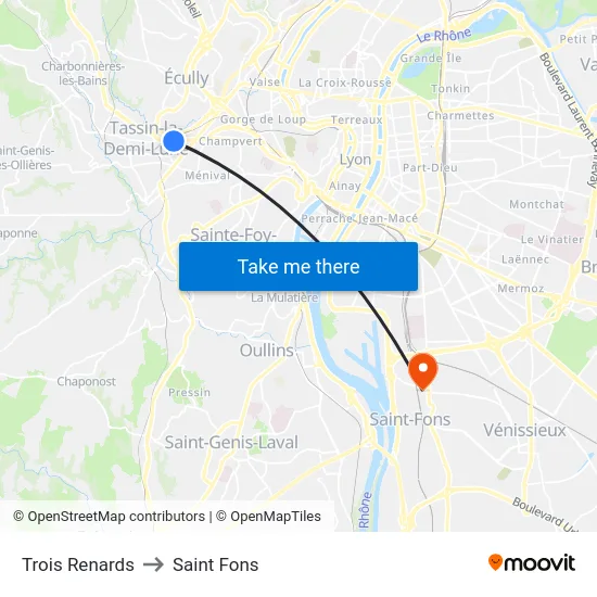 Trois Renards to Saint Fons map