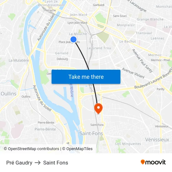 Pré Gaudry to Saint Fons map