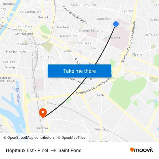 Hôpitaux Est - Pinel to Saint Fons map