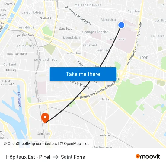 Hôpitaux Est - Pinel to Saint Fons map