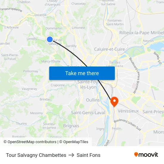 Tour Salvagny Chambettes to Saint Fons map