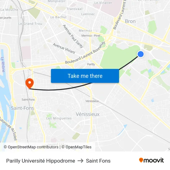 Parilly Université Hippodrome to Saint Fons map