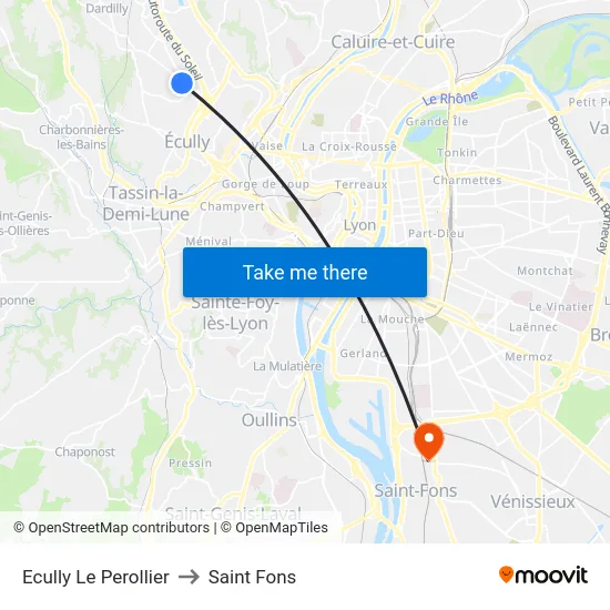 Ecully Le Perollier to Saint Fons map