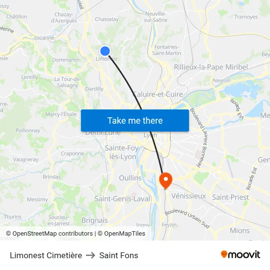 Limonest Cimetière to Saint Fons map