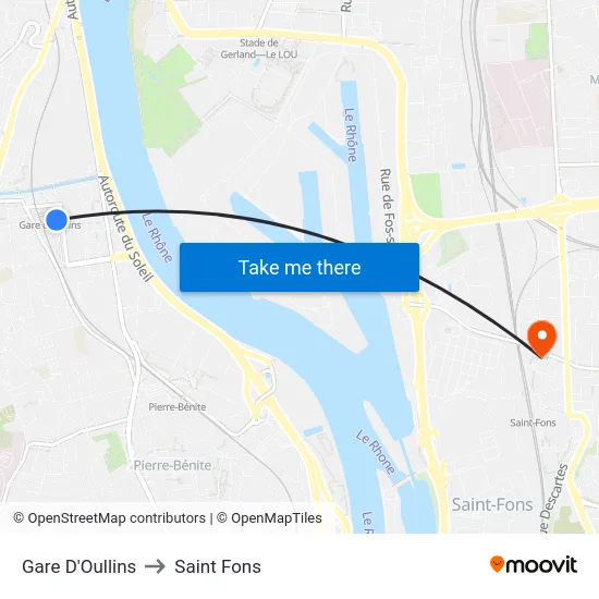 Gare D'Oullins to Saint Fons map