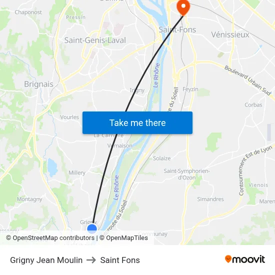 Grigny Jean Moulin to Saint Fons map