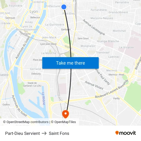 Part-Dieu Servient to Saint Fons map