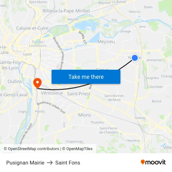 Pusignan Mairie to Saint Fons map