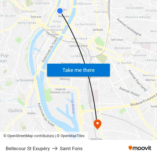 Bellecour St Exupéry to Saint Fons map