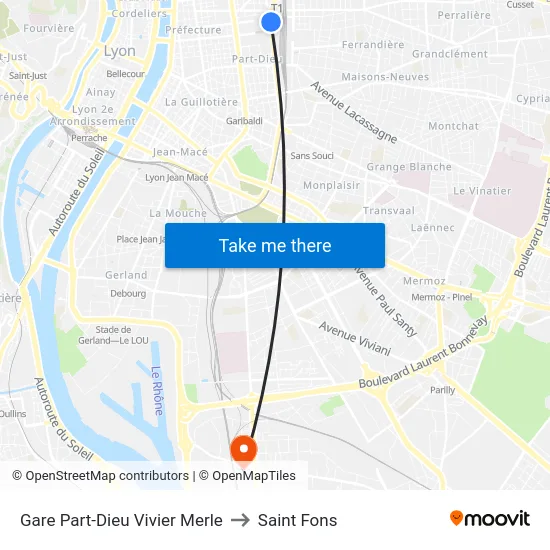 Gare Part-Dieu Vivier Merle to Saint Fons map
