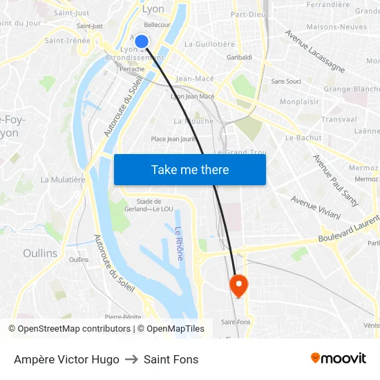 Ampère Victor Hugo to Saint Fons map