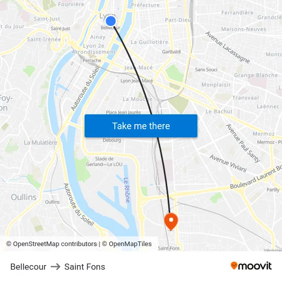 Bellecour to Saint Fons map
