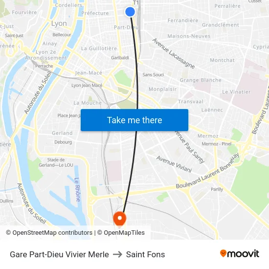 Gare Part-Dieu Vivier Merle to Saint Fons map