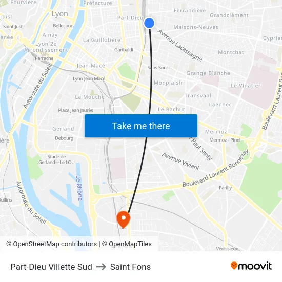 Part-Dieu Villette Sud to Saint Fons map