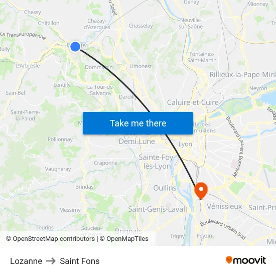 Lozanne to Saint Fons map