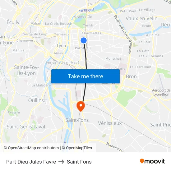 Part-Dieu Jules Favre to Saint Fons map