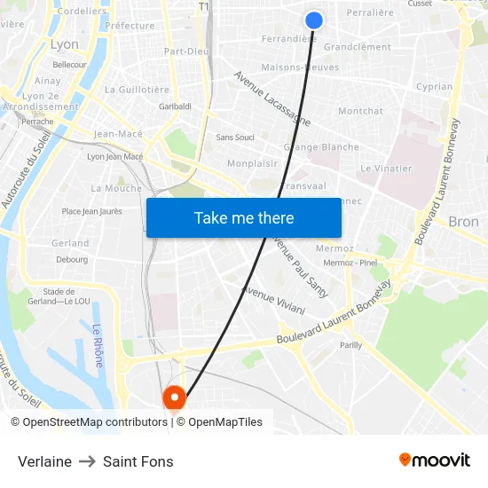 Verlaine to Saint Fons map