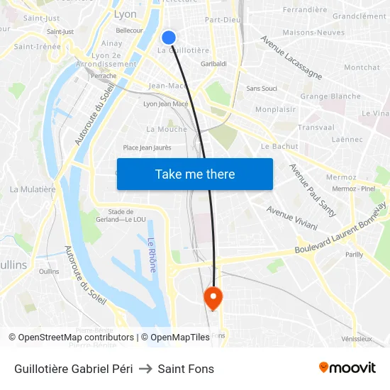 Guillotière Gabriel Péri to Saint Fons map