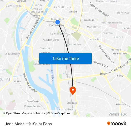 Jean Macé to Saint Fons map
