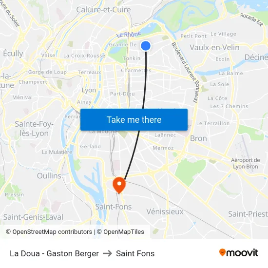 La Doua - Gaston Berger to Saint Fons map