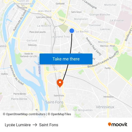 Lycée Lumière to Saint Fons map